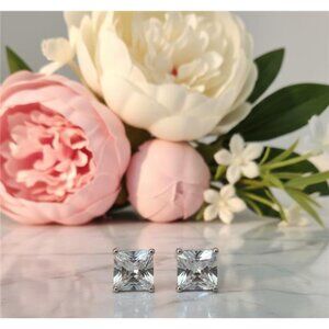 CZ Stud Earrings Square 10mm Clear Princess Cut Silver Tone